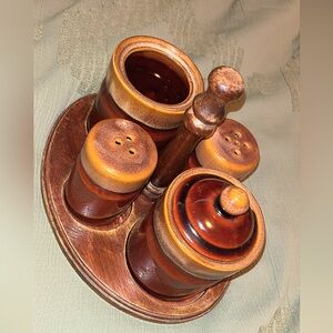 1970s stoneware lazy Susan condiment set